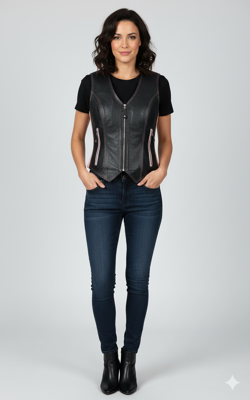Women's black leather vest with pink contrast piping, center zip, and silver hardware.